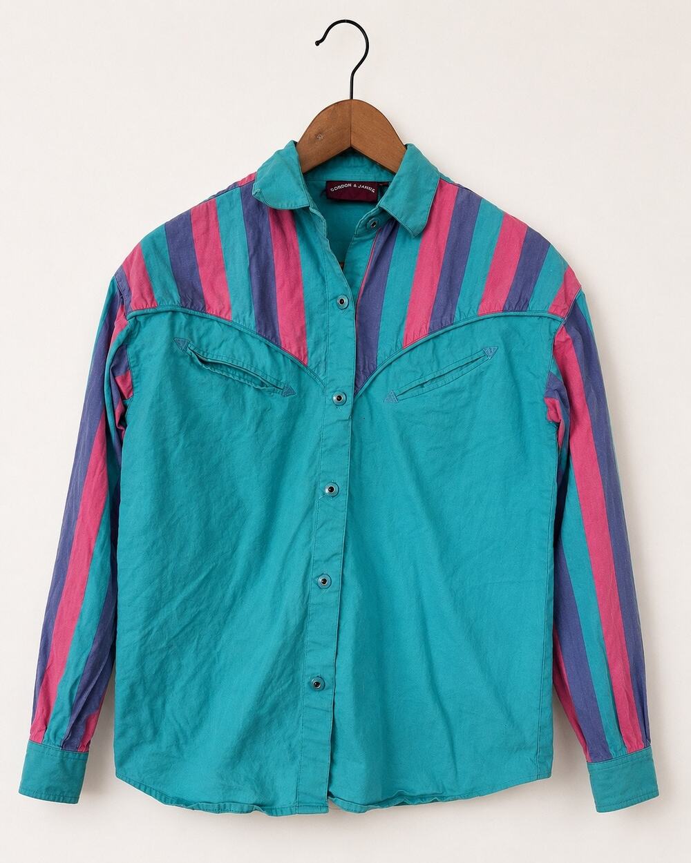 VTG Gordon & James Western Shirt Womens Teal Pink Purple Striped Button Up Sz S